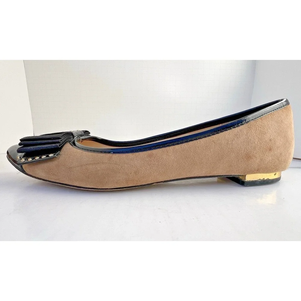 Adrienne Vittadini Tan Suede Black Patent Bow Ballet Flats Womens Size 7.5